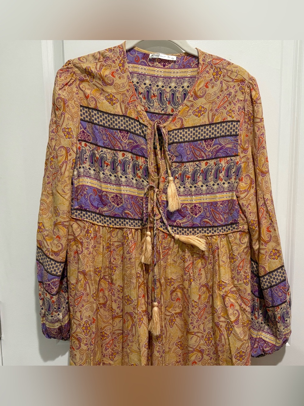 R. Vivimos Womens Tie Up Neck Long Sleeve Floral Tassel Bohemian Midi Dress L - Picture 6 of 8